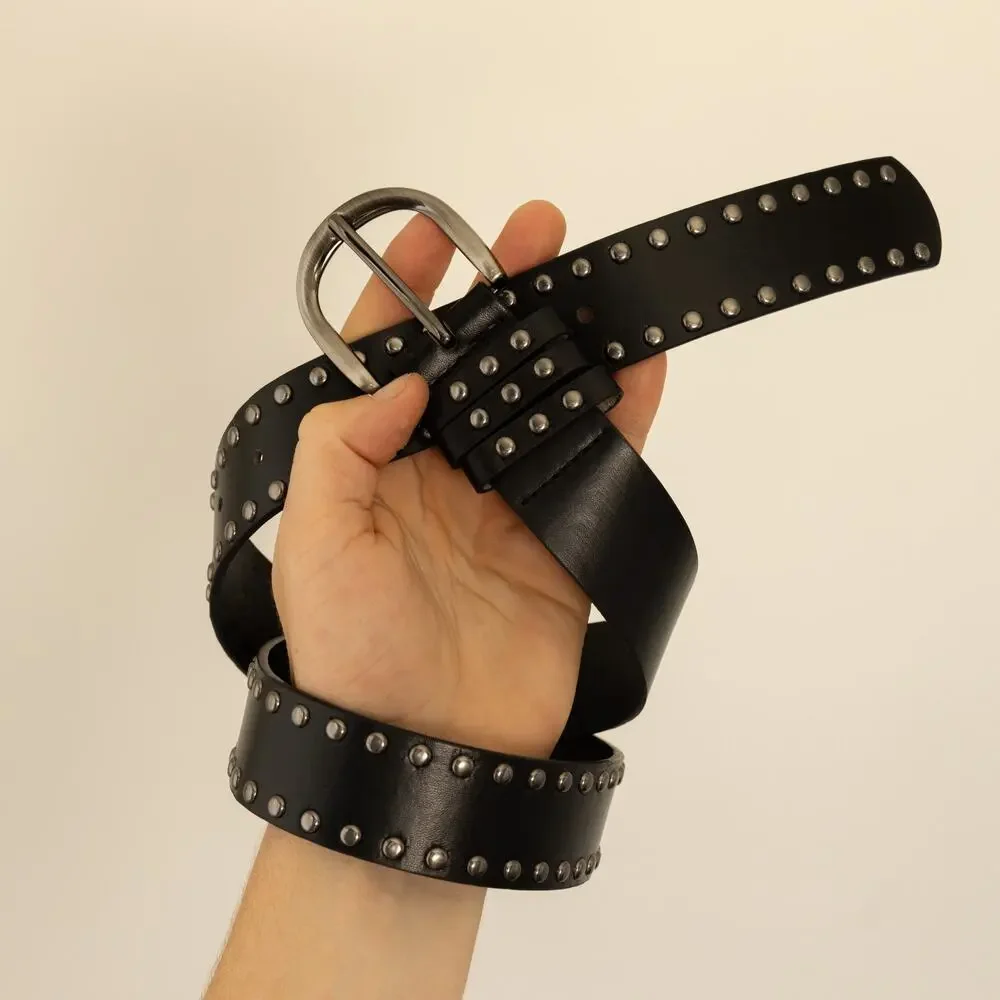 Vintage Black Studded Leather Belt Triple Row Silver Studs Y2K Streetwear Unisex